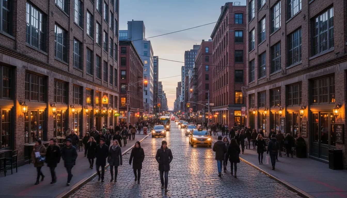 Evening street scene in Williamsburg Brooklyn showing pedestrians walking between lit storefronts and restaurants