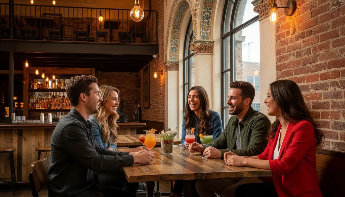 Interior of Brooklyn bar with group seating area and cocktail service
