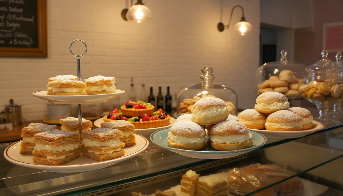 Pastry display case in Brooklyn coffee shop showing variety of desserts