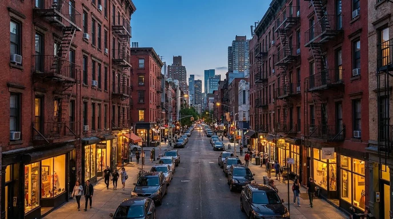 Evening street view in Manhattan's East Village showing pedestrians and storefronts