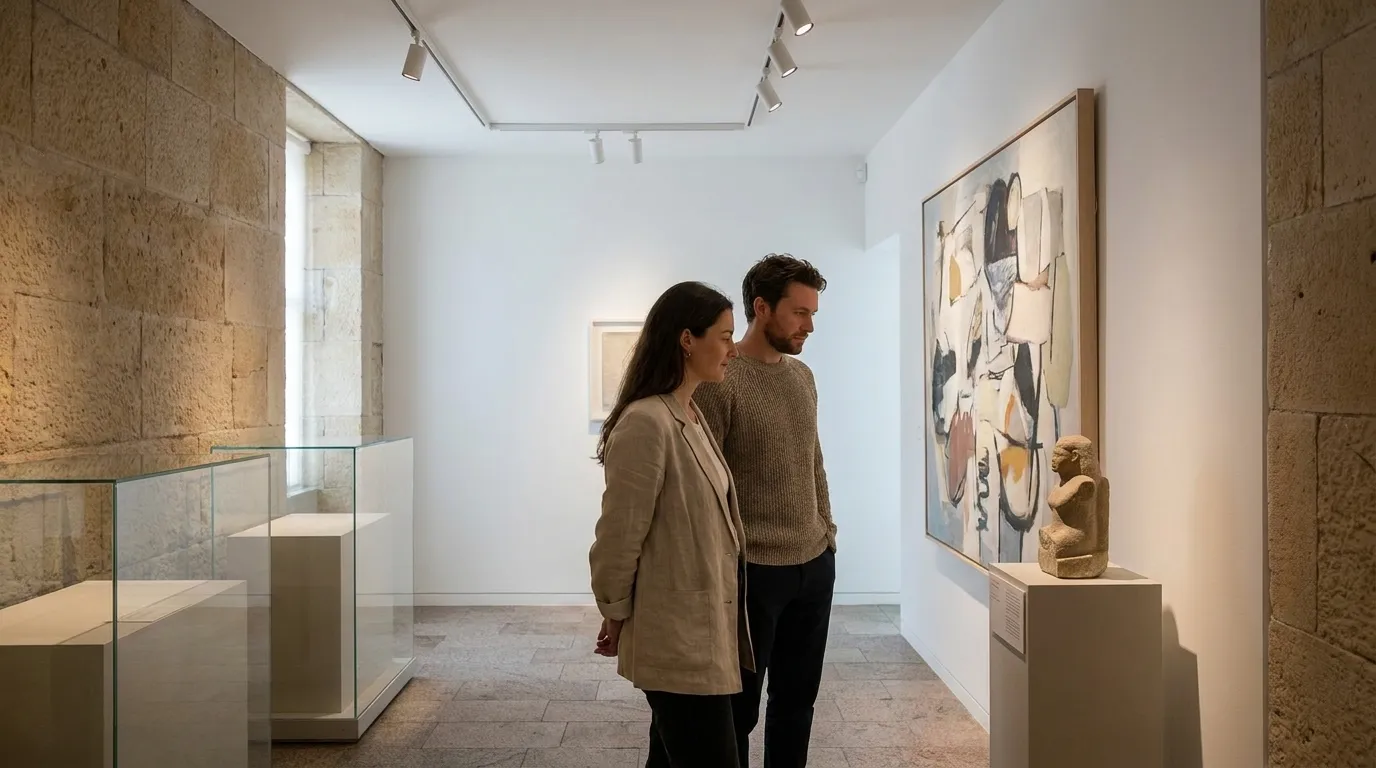 Interior of a small independent art gallery with white walls and visitors viewing artwork