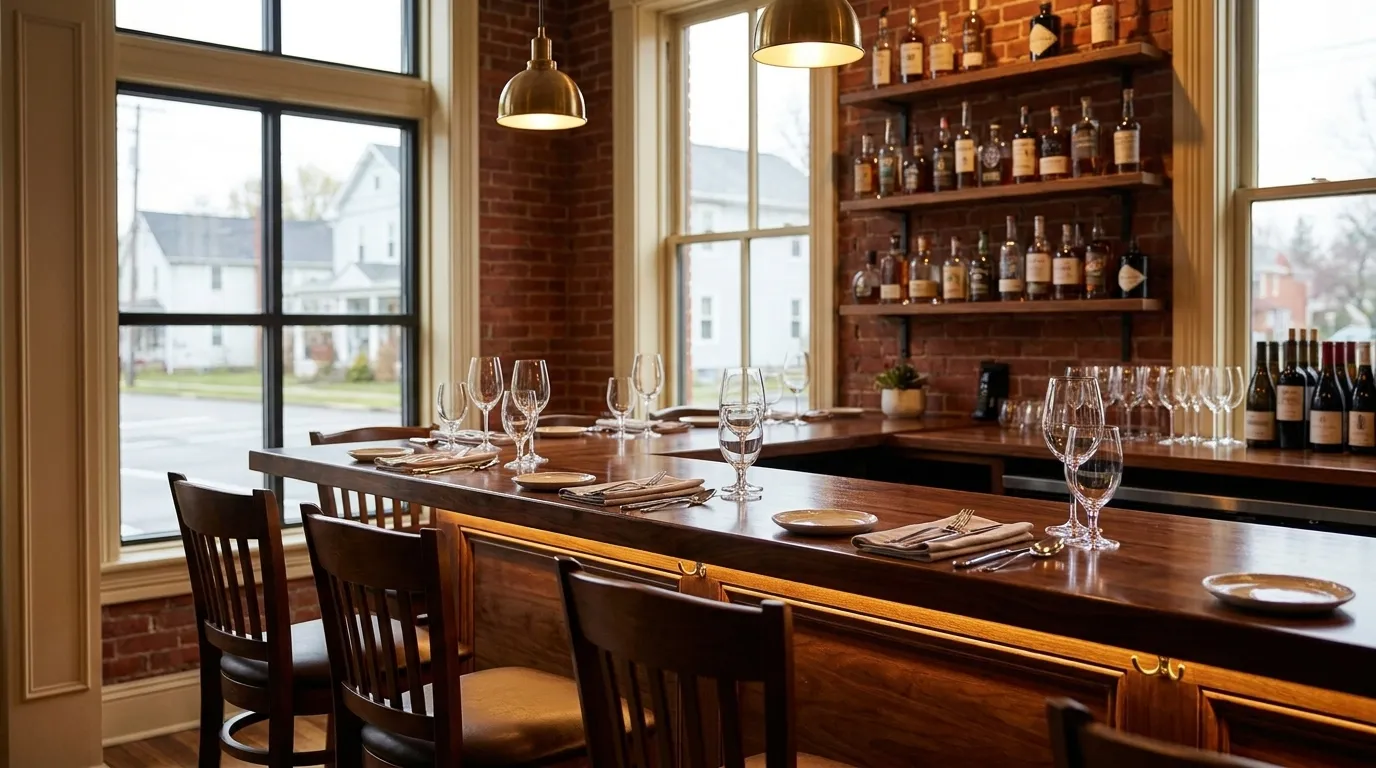Bar seating area in an East Village restaurant with dim lighting and place settings
