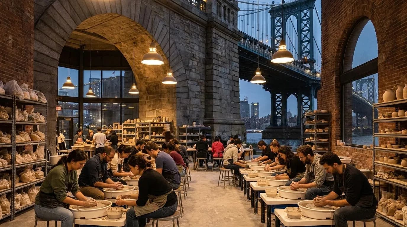 Interior of Brooklyn ceramics studio with pottery wheels and workspace during evening session