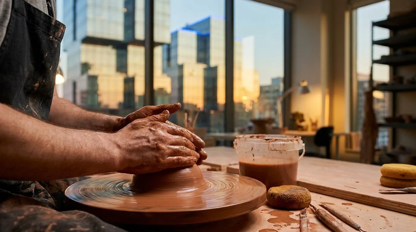 Hands shaping wet clay on spinning pottery wheel during ceramics class