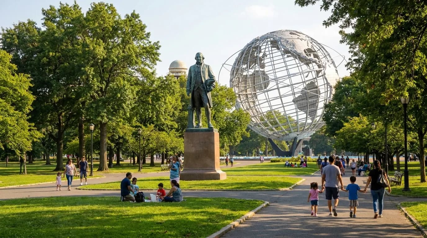 Families walking near the Unisphere sculpture in Flushing Meadows Corona Park on a summer afternoon