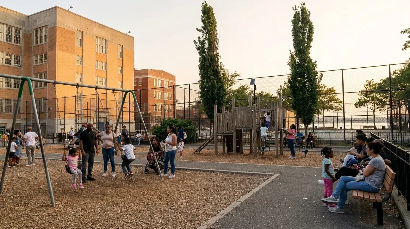 Children playing at Astoria Park playground with East River and RFK Bridge visible in background