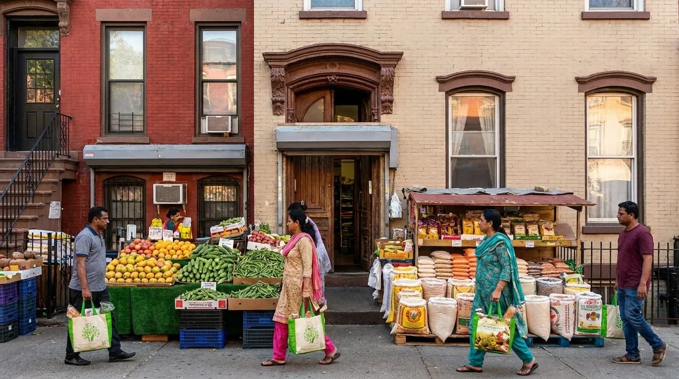 Colorful storefronts and pedestrians along 74th Street in Jackson Heights Queens