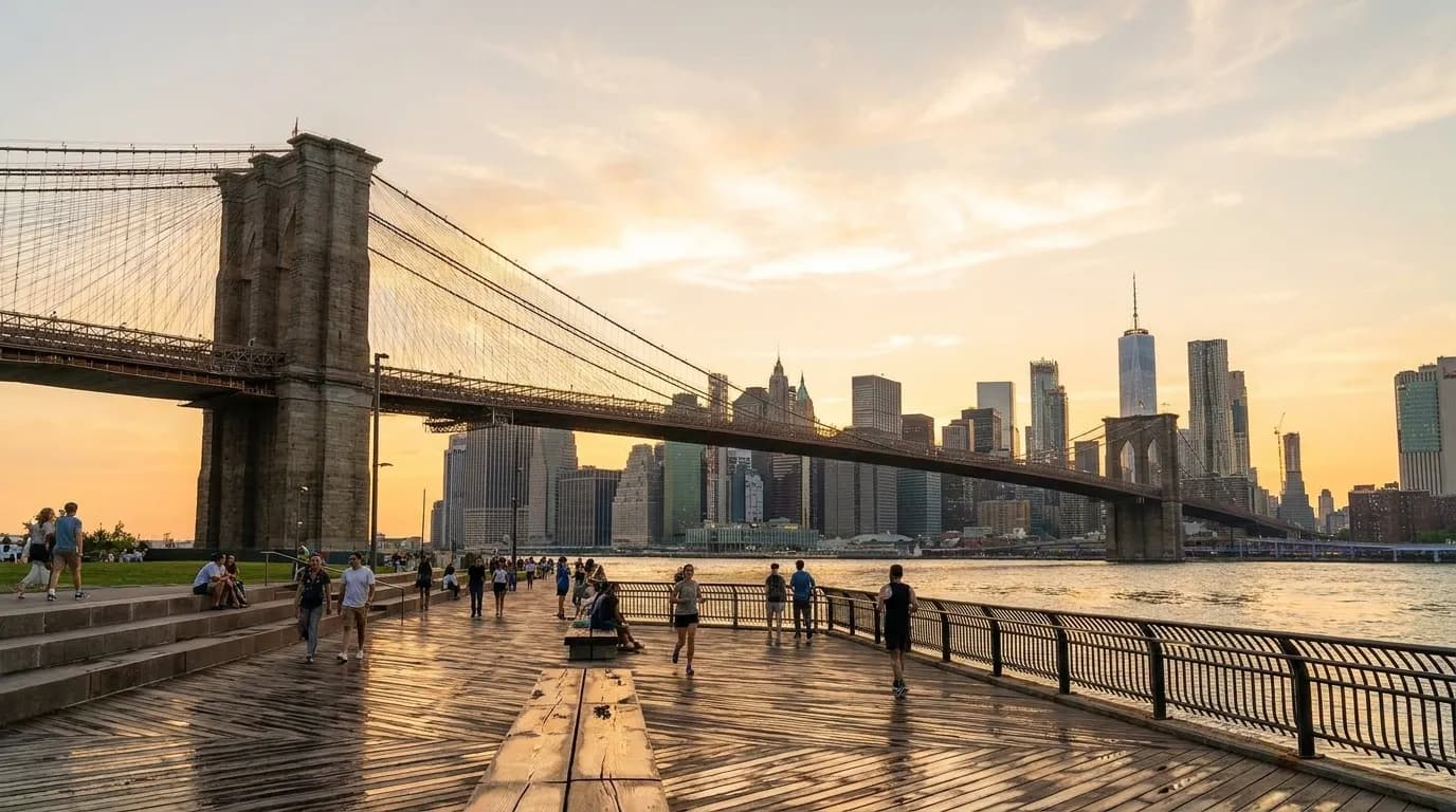 Evening view of Manhattan skyline from Brooklyn Bridge Park waterfront promenade