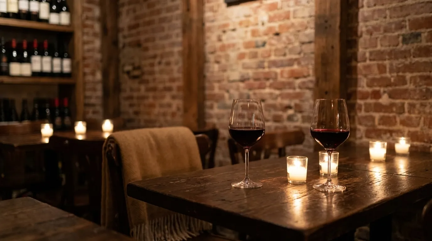Candlelit table at intimate wine bar with exposed brick walls