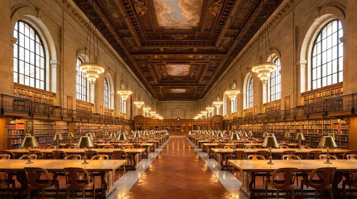 Rose Reading Room at New York Public Library main branch showing long wooden tables under ornate ceiling with chandeliers