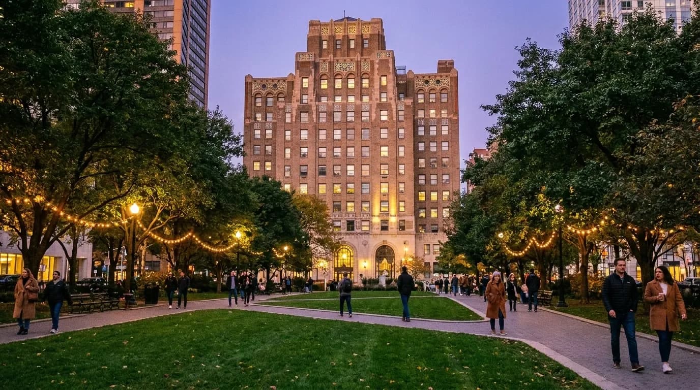Bryant Park in Manhattan at dusk with library building visible and pedestrians walking through green space