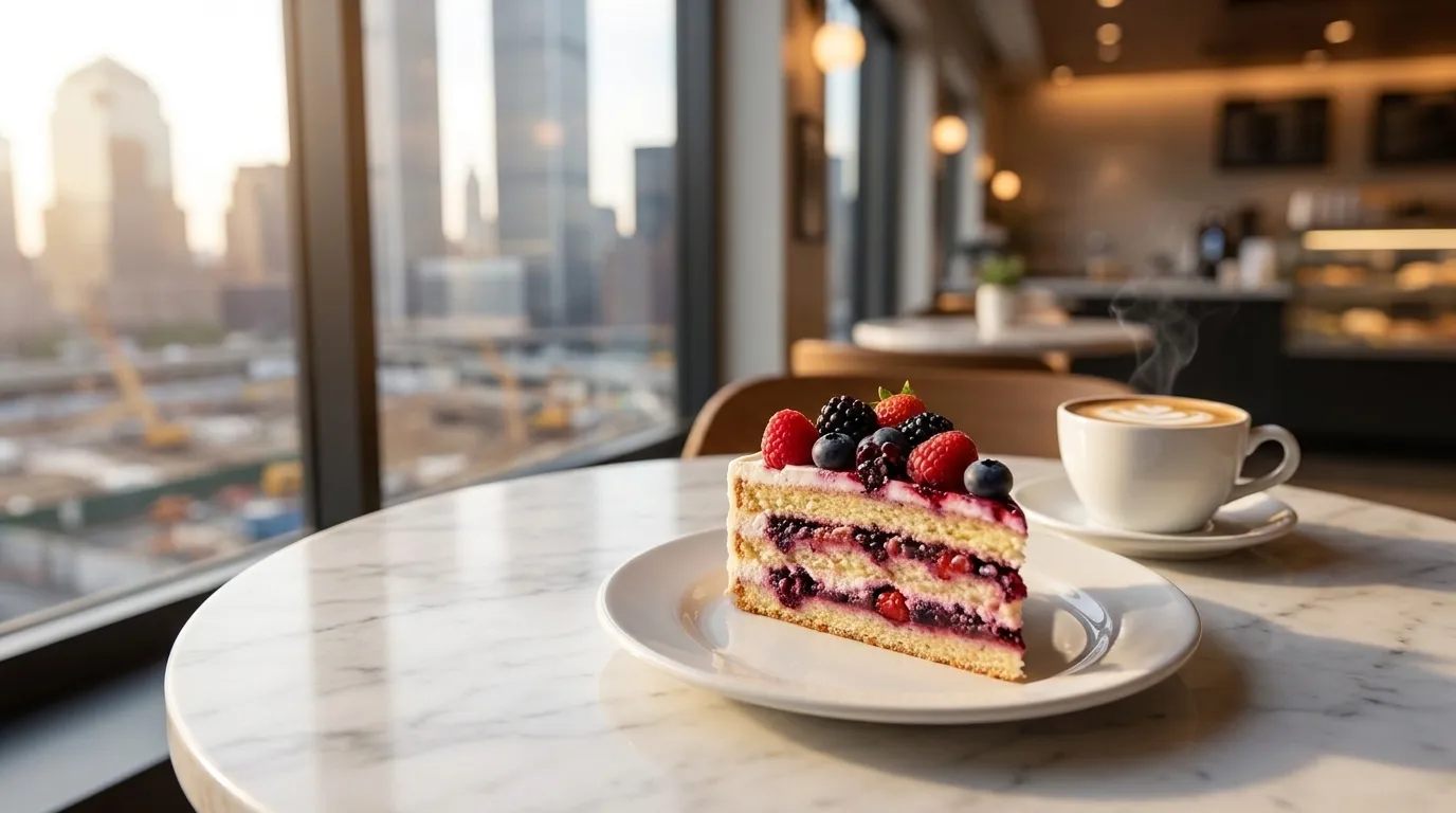 Interior of modern dessert cafe in Union Square Manhattan with plated desserts on marble tables and warm lighting