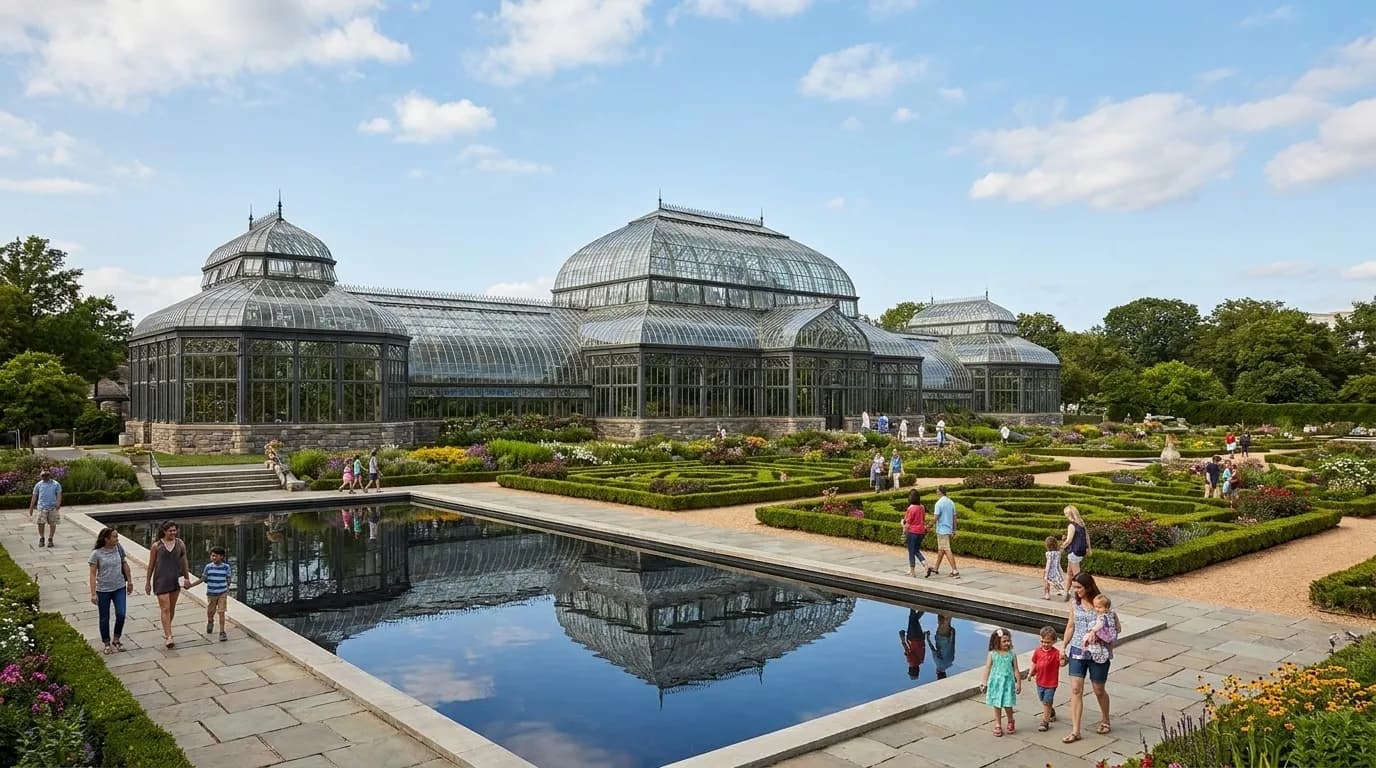 Wide view of the New York Botanical Garden's Enid A. Haupt Conservatory with reflecting pool and visitors on pathways in the Bronx