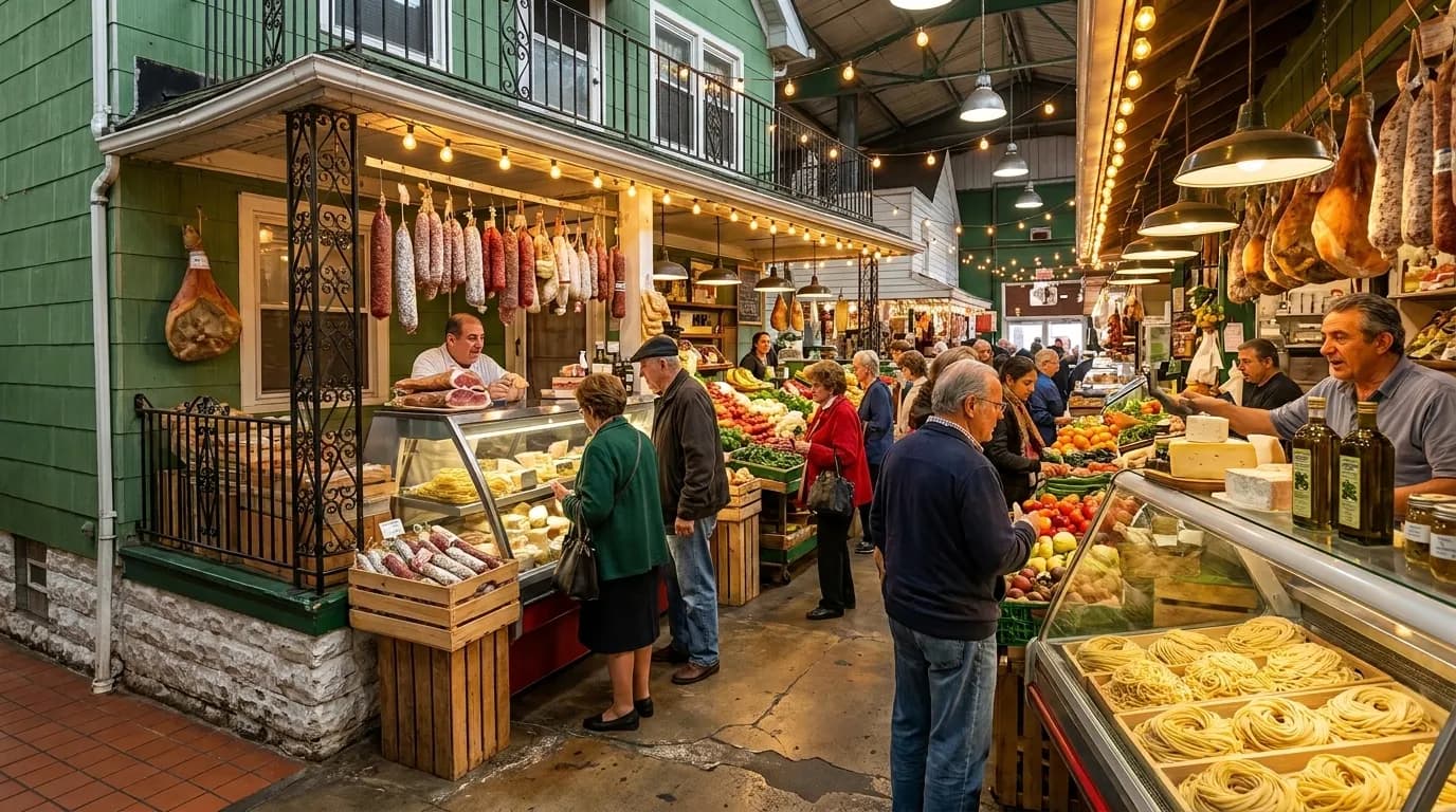 Interior of Arthur Avenue Retail Market showing vendor stalls with fresh pasta, produce, and customers browsing in the Bronx