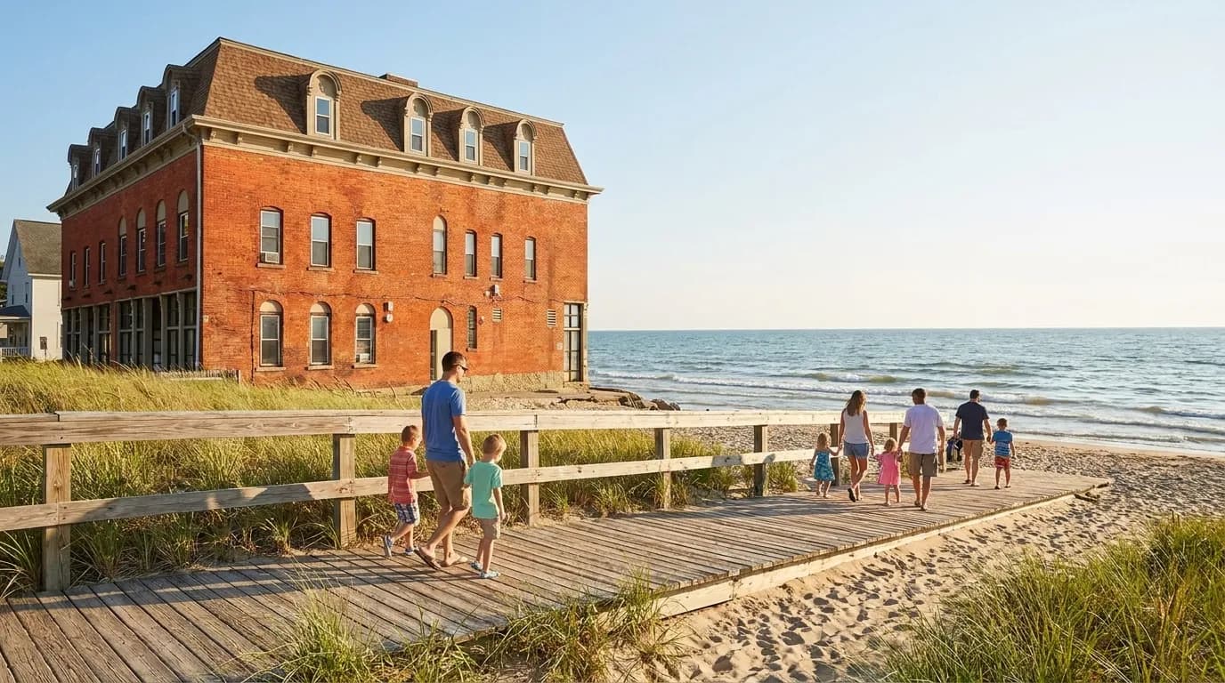 Families walking along Orchard Beach boardwalk with Long Island Sound visible at Pelham Bay Park in the Bronx