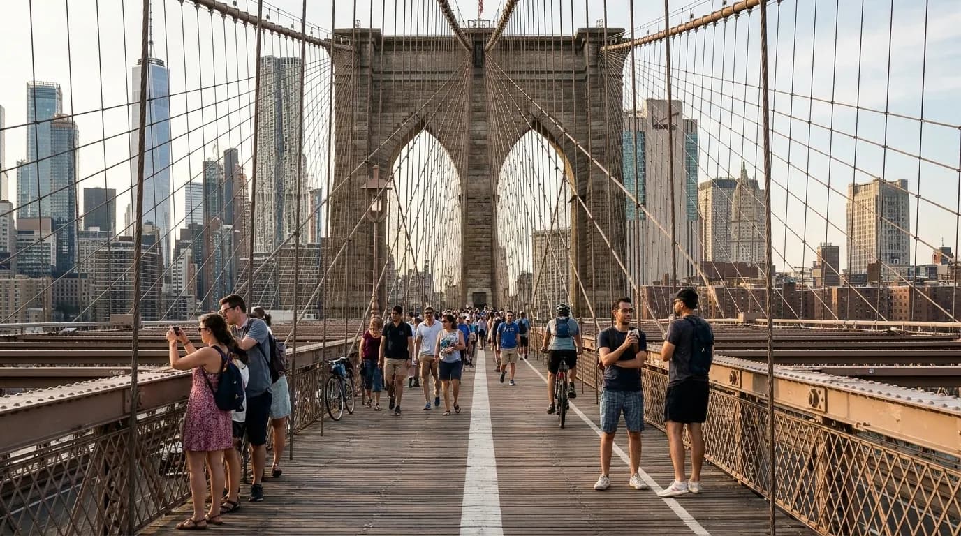 Pedestrians walking across Brooklyn Bridge wooden walkway with Manhattan skyline in background