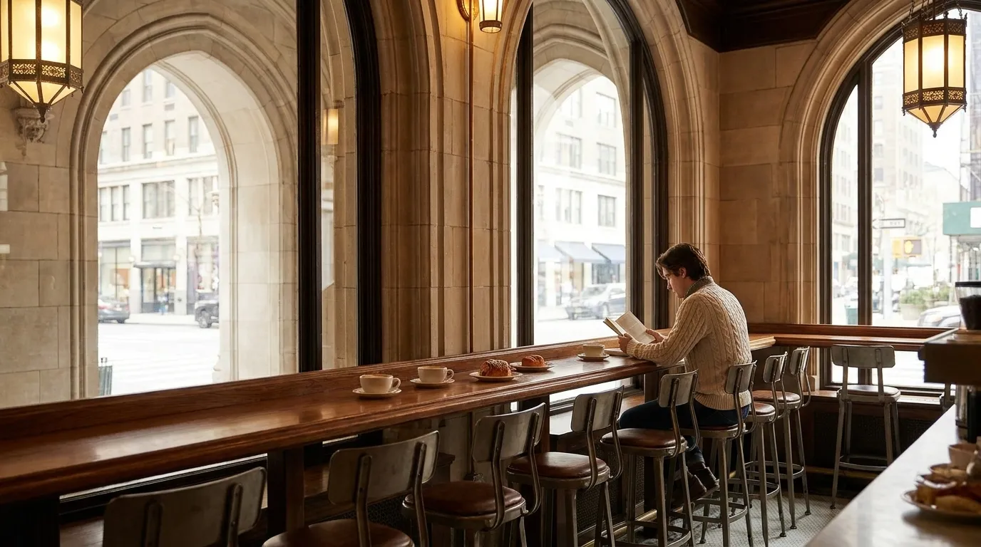 Interior view of NYC cafe showing counter seating with coffee cups and natural window light