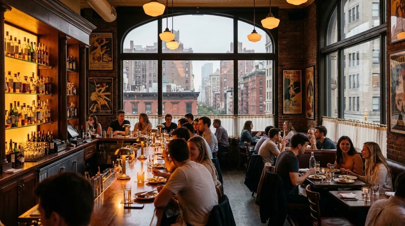 Warm interior of a New York City restaurant bar during happy hour with patrons at tables