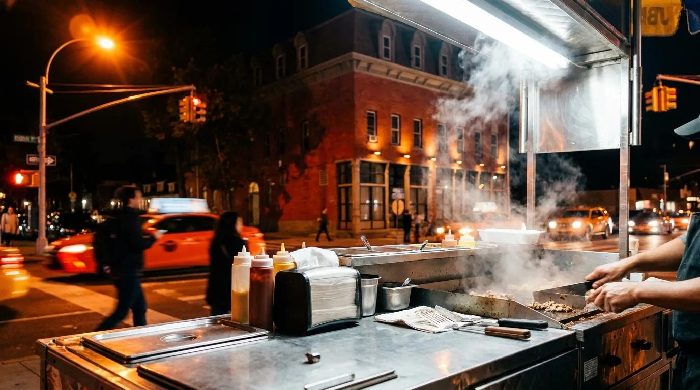 Food cart on a New York City street at night with vendor serving customers
