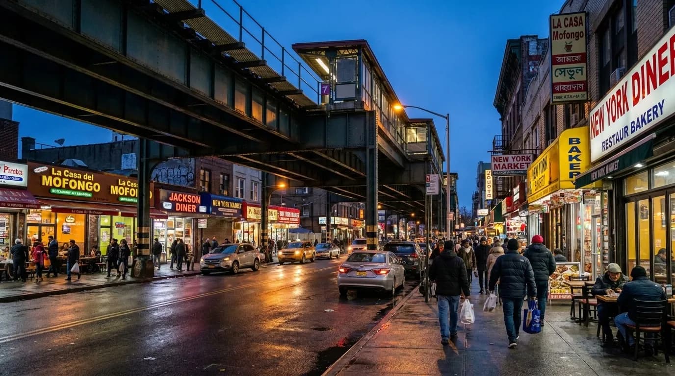 Roosevelt Avenue elevated train platform and street-level restaurants in Jackson Heights, Queens showing transit accessibility