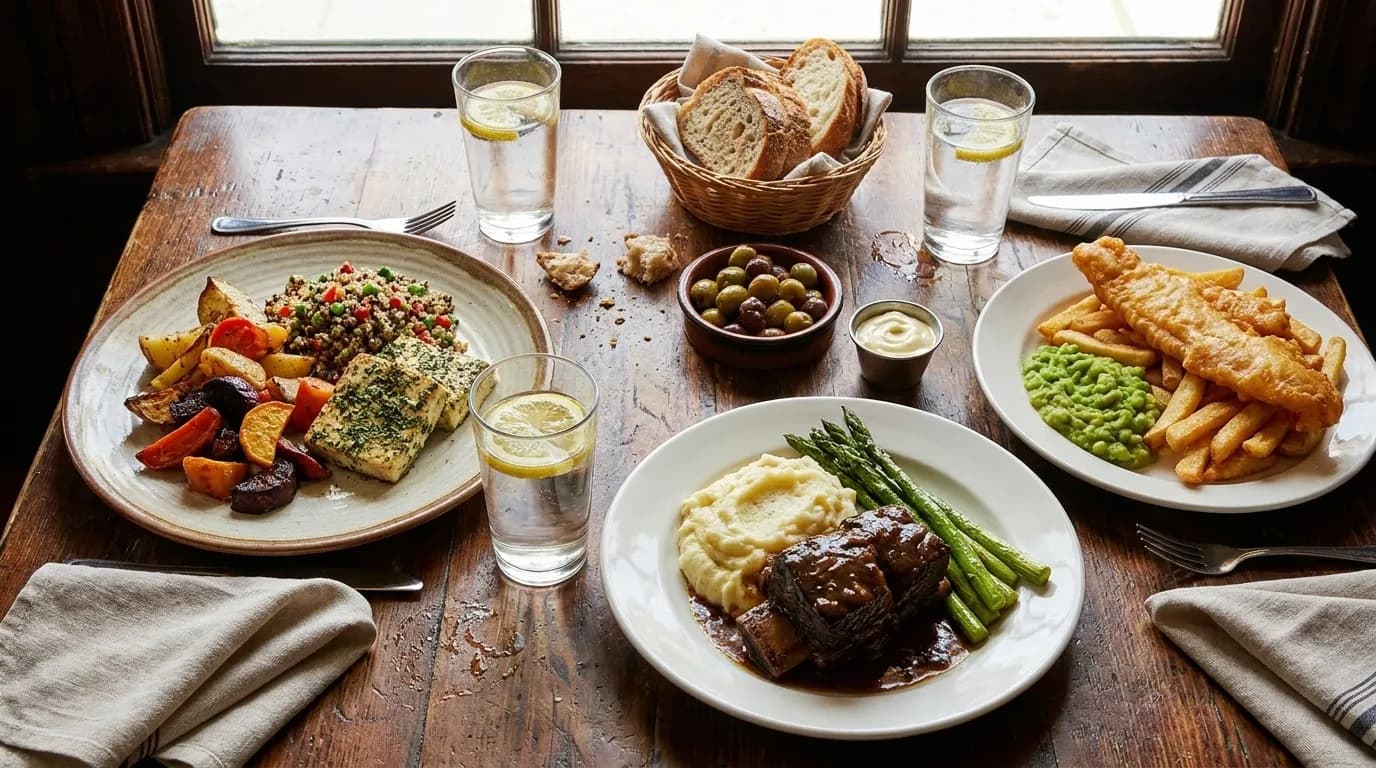 Three diners sharing varied dishes at a restaurant table with multiple plates and different meal types visible