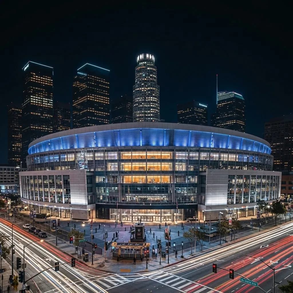 Crypto.com Arena plaza with evening crowd in Los Angeles