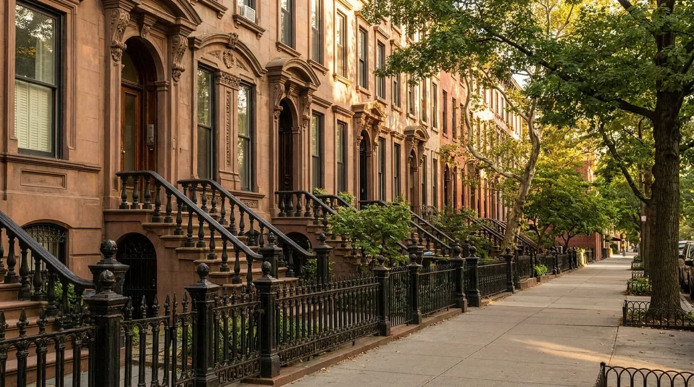 Tree-lined street in Brooklyn Heights showing 19th-century brownstone row houses with iron railings and stoops
