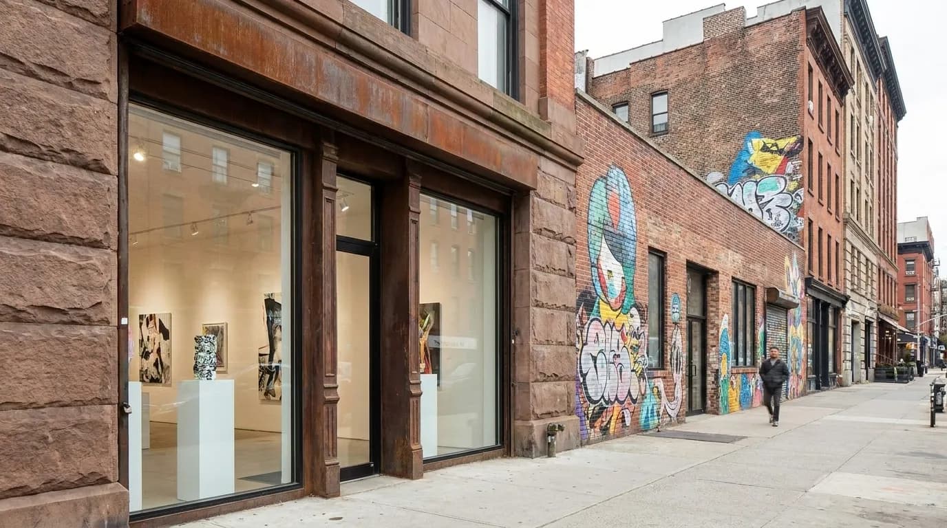 Pedestrians walking past colorful murals and independent gallery spaces along Bedford Avenue in Williamsburg Brooklyn