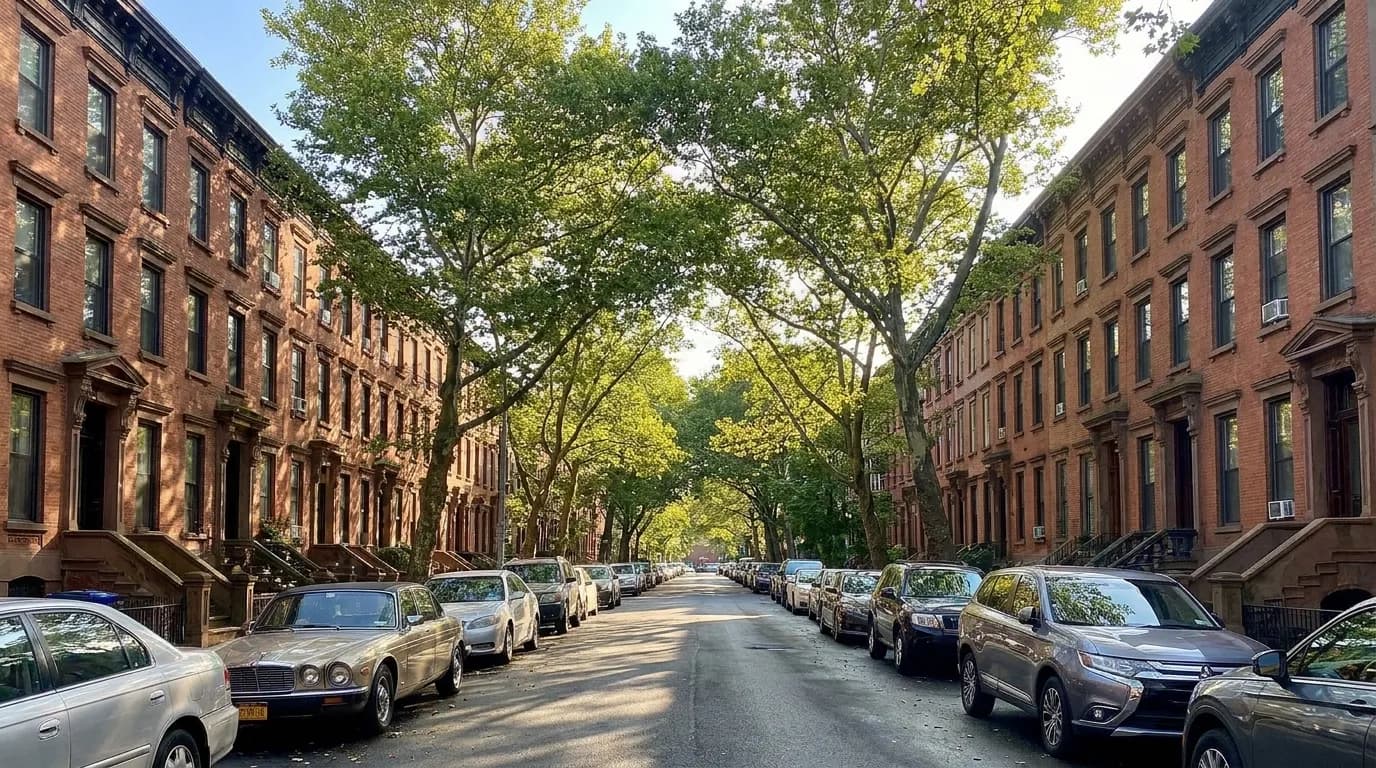 Tree-lined residential street with historic brownstones in Cobble Hill, Brooklyn