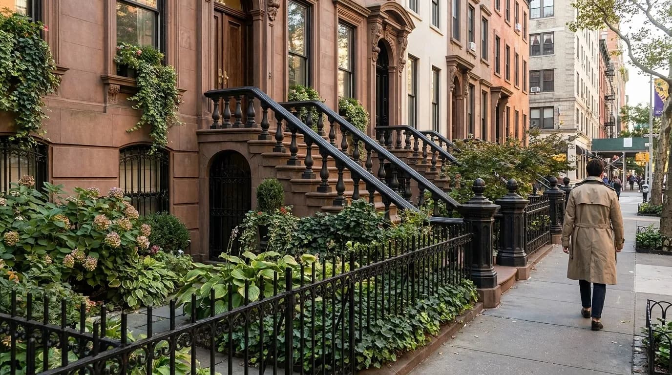 Deep front garden with wrought iron fence typical of Carroll Gardens architecture