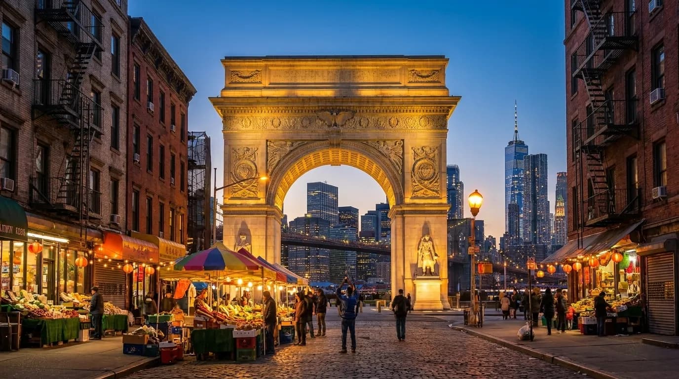 Manhattan Bridge archway illuminated at dusk with Chinatown street activity below in Lower Manhattan