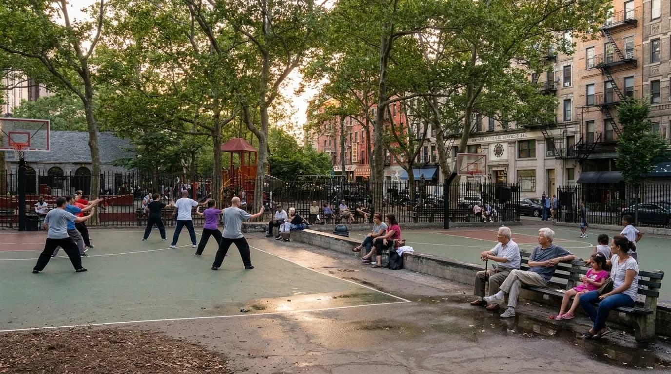 People gathering in Columbus Park during evening hours in Manhattan's Chinatown neighborhood