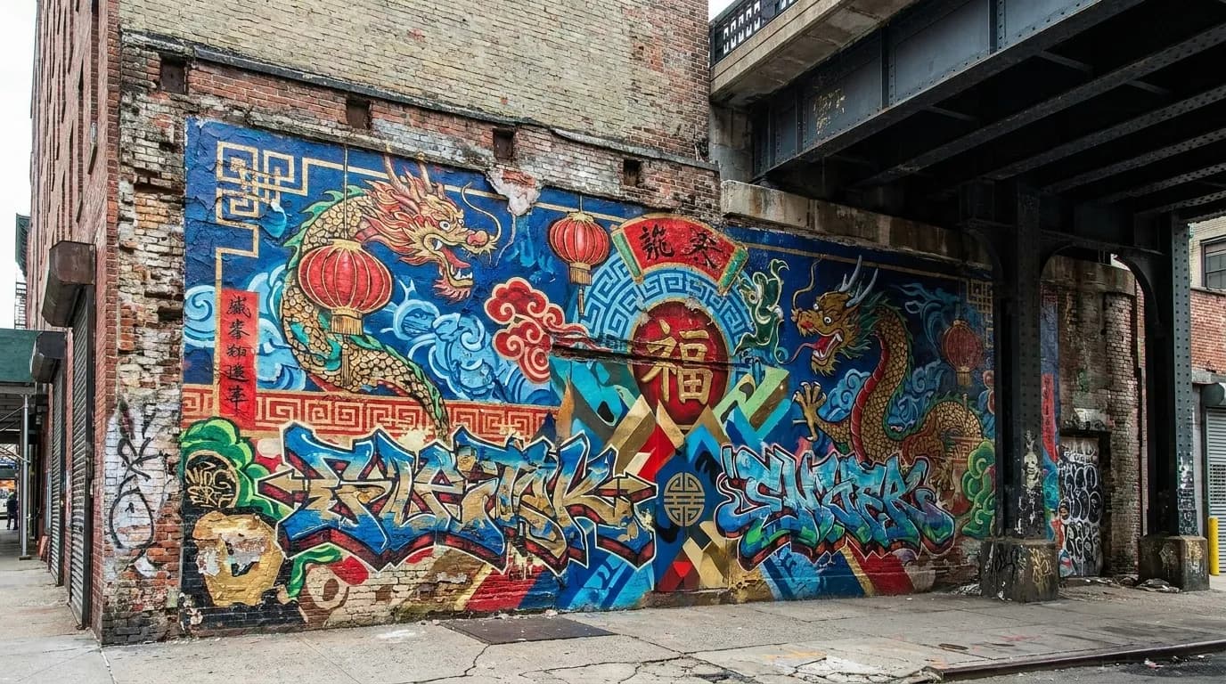 Colorful mural on brick building wall along Chinatown street in Lower Manhattan