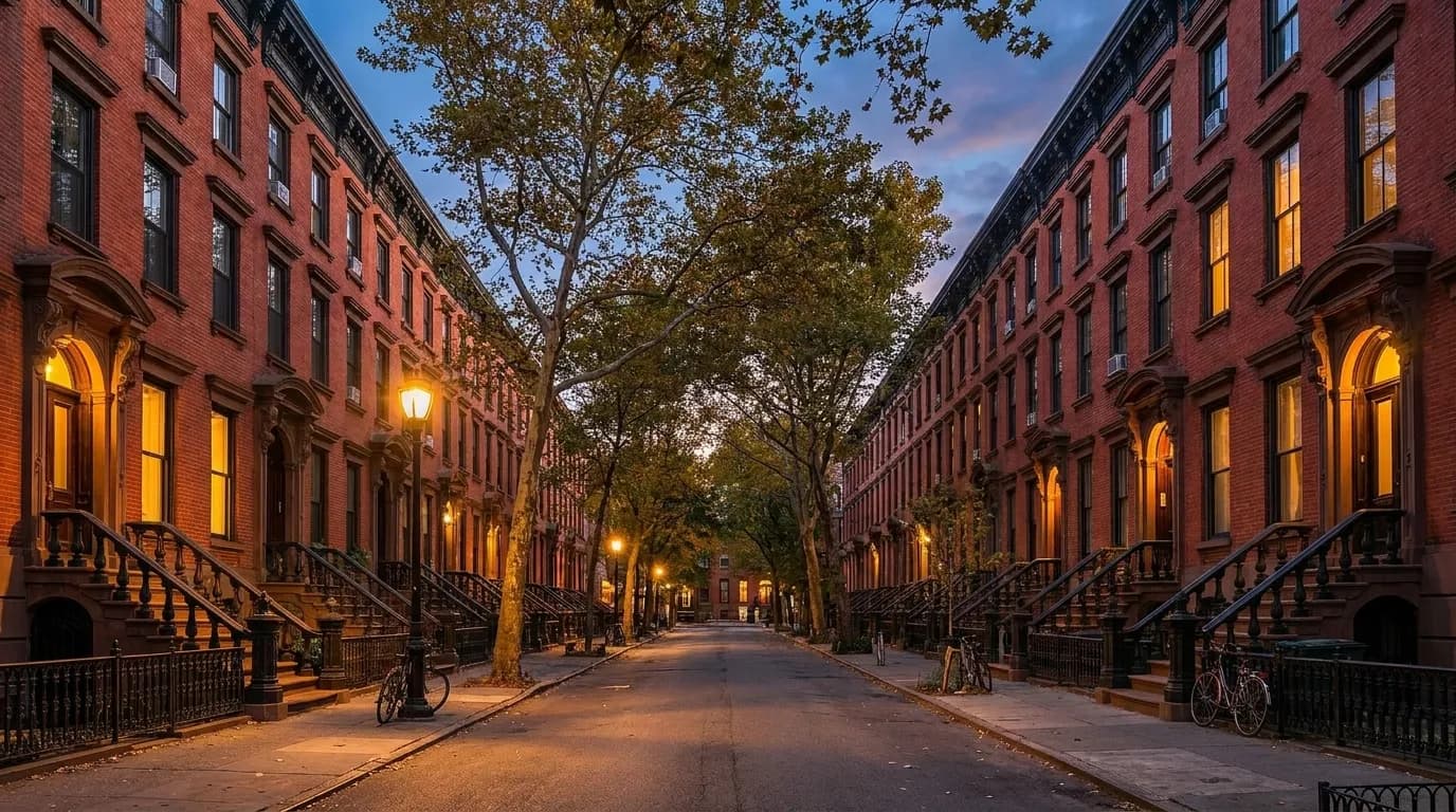 Tree-lined brownstone street in Cobble Hill Brooklyn at dusk with warm streetlights