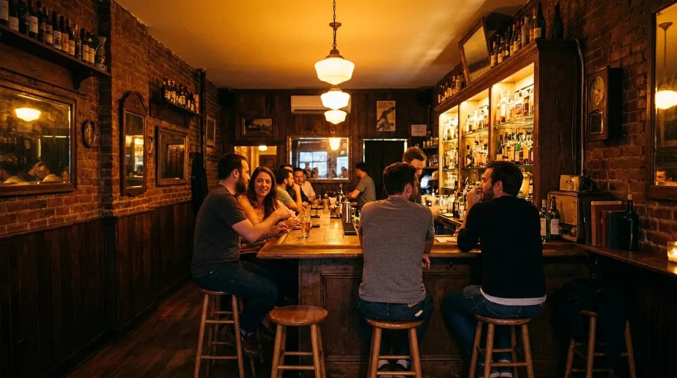 Interior of a Cobble Hill bar on Court Street with patrons at wooden bar and ambient lighting
