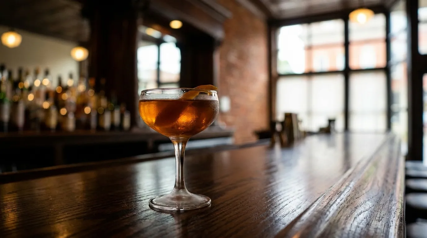Close-up of a cocktail glass on a bar top with soft background lighting