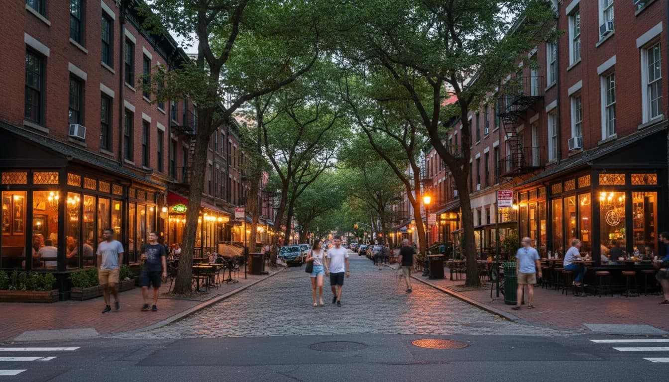 Narrow tree-lined street in Greenwich Village at dusk with warm light from bar windows