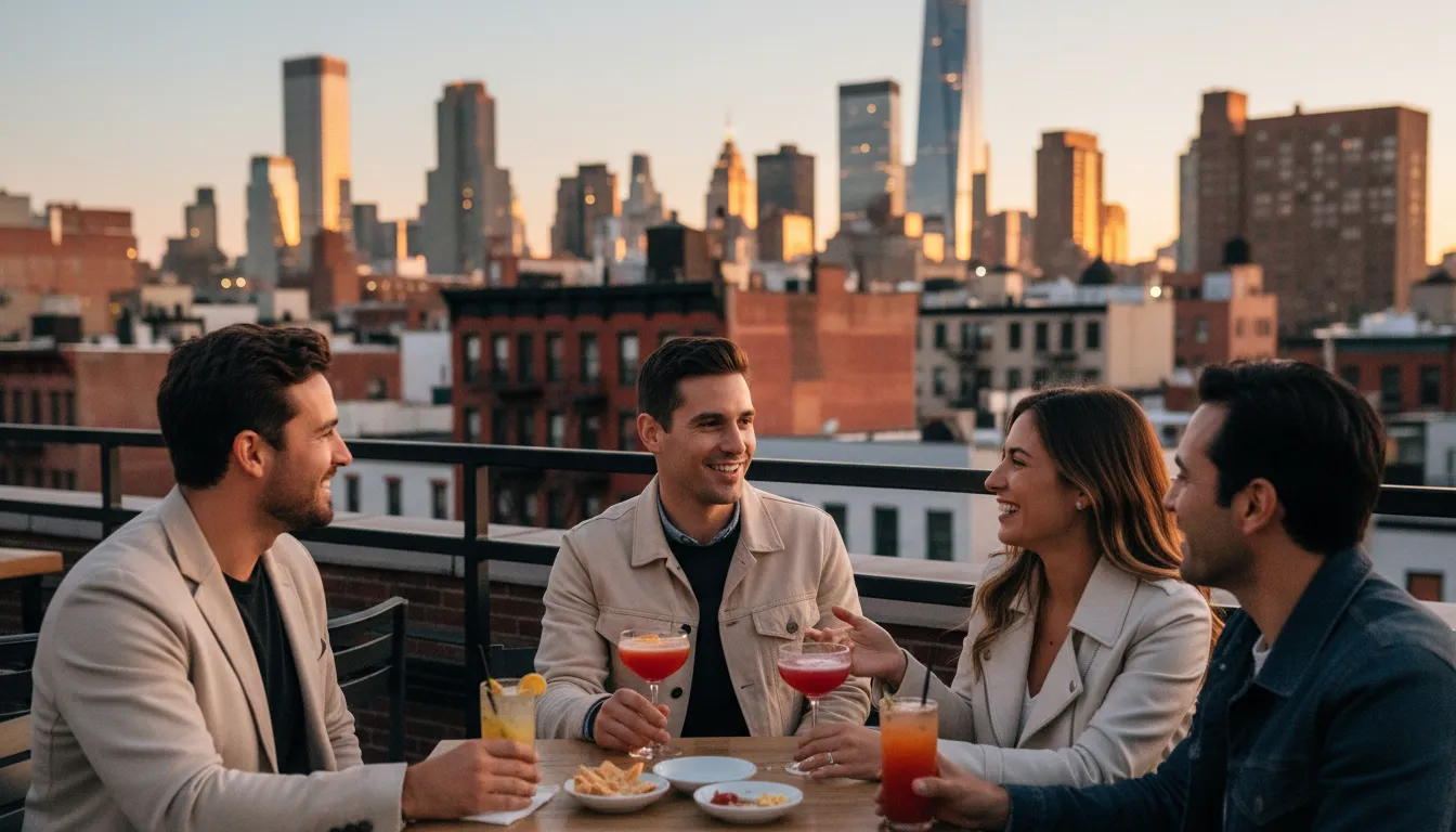 People at rooftop bar with Manhattan skyline visible during golden hour
