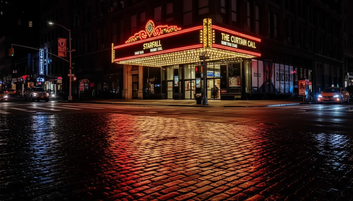Broadway theater marquees and street activity in Midtown evening