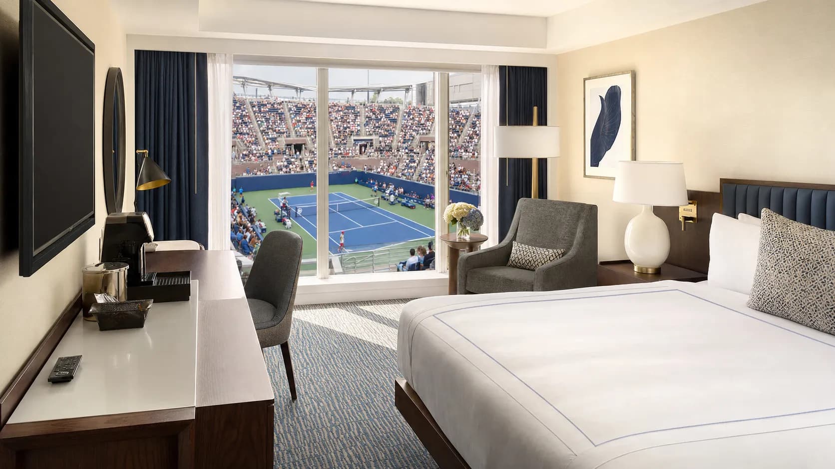 Photorealistic US Open tennis scene for Where to Stay for the US Open Beyond Midtown Manhattan.