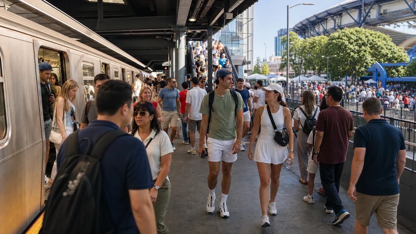 Bright US Open tennis atmosphere illustrating Where to Stay for the US Open Beyond Midtown Manhattan.