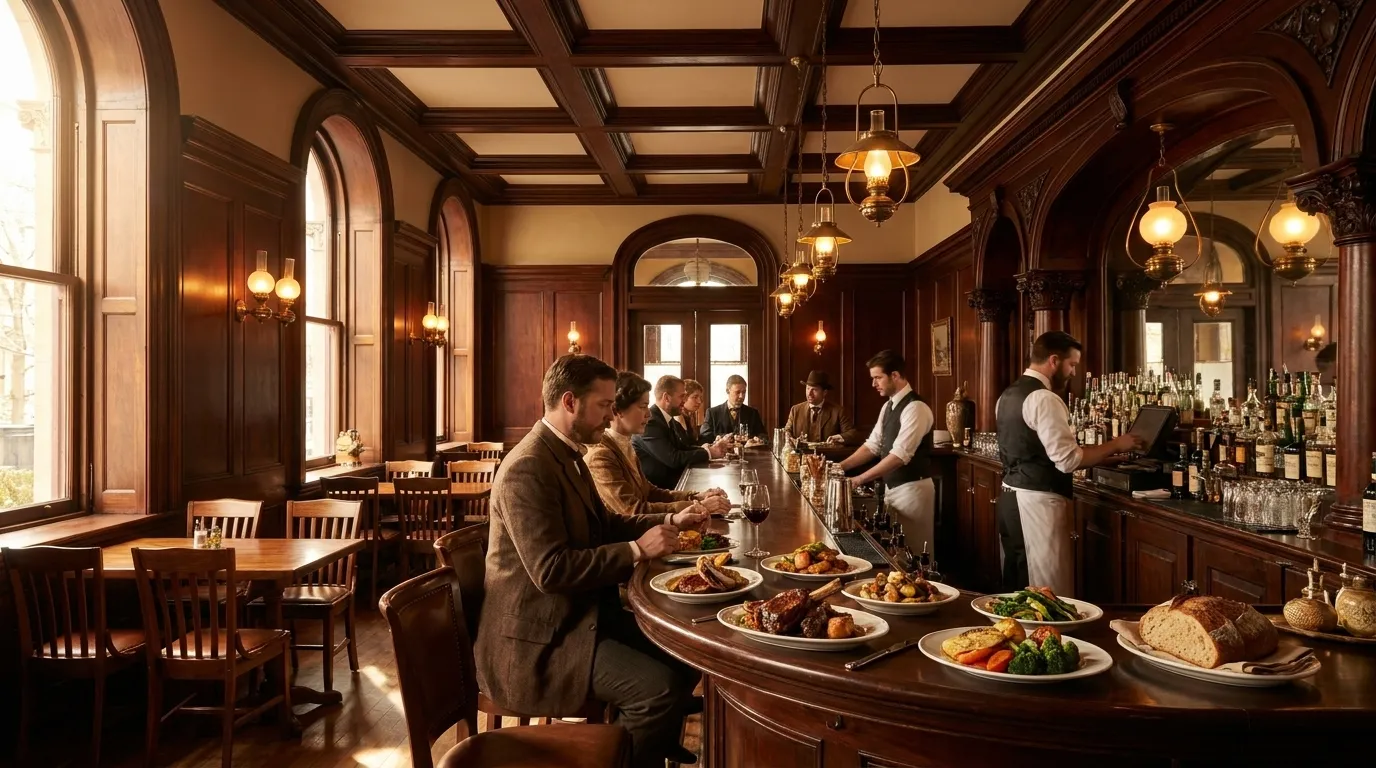 Historic restaurant interior with mahogany bar and gas lamp lighting in downtown Brooklyn