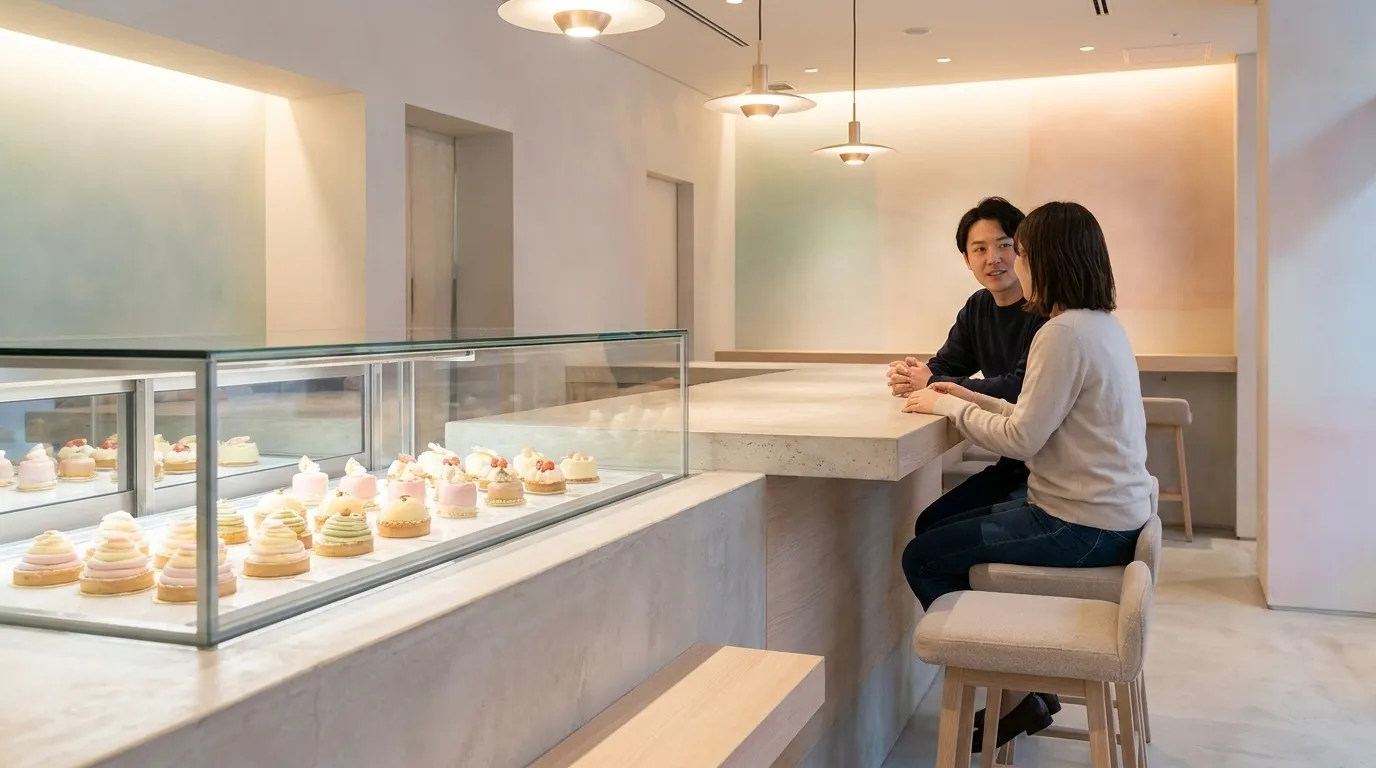 Modern dessert bar with counter seating and display case in Manhattan neighborhood