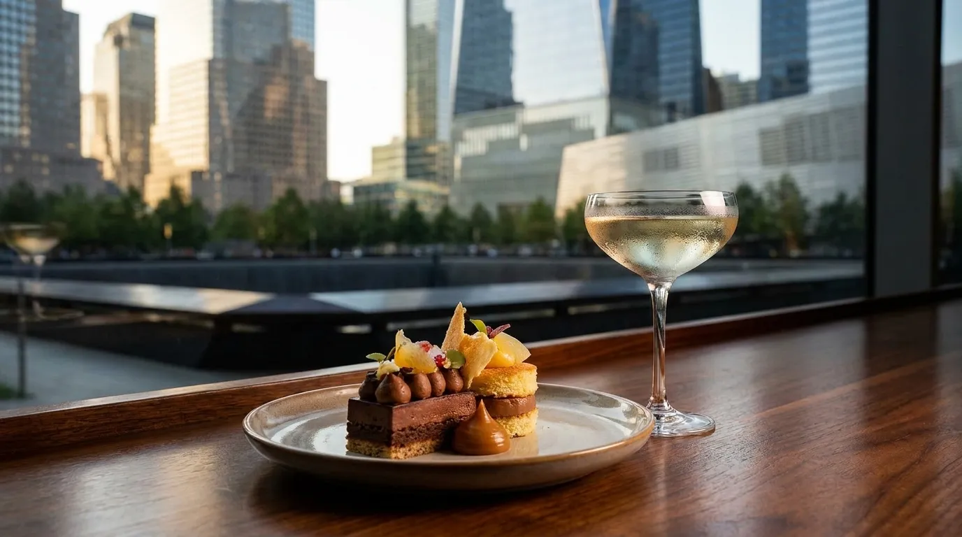 Plated layered dessert with cocktail glass on dark wooden bar surface