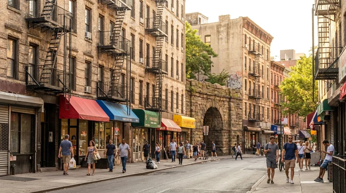 Pedestrians walking along a Lower East Side street with small shops and awnings in New York City