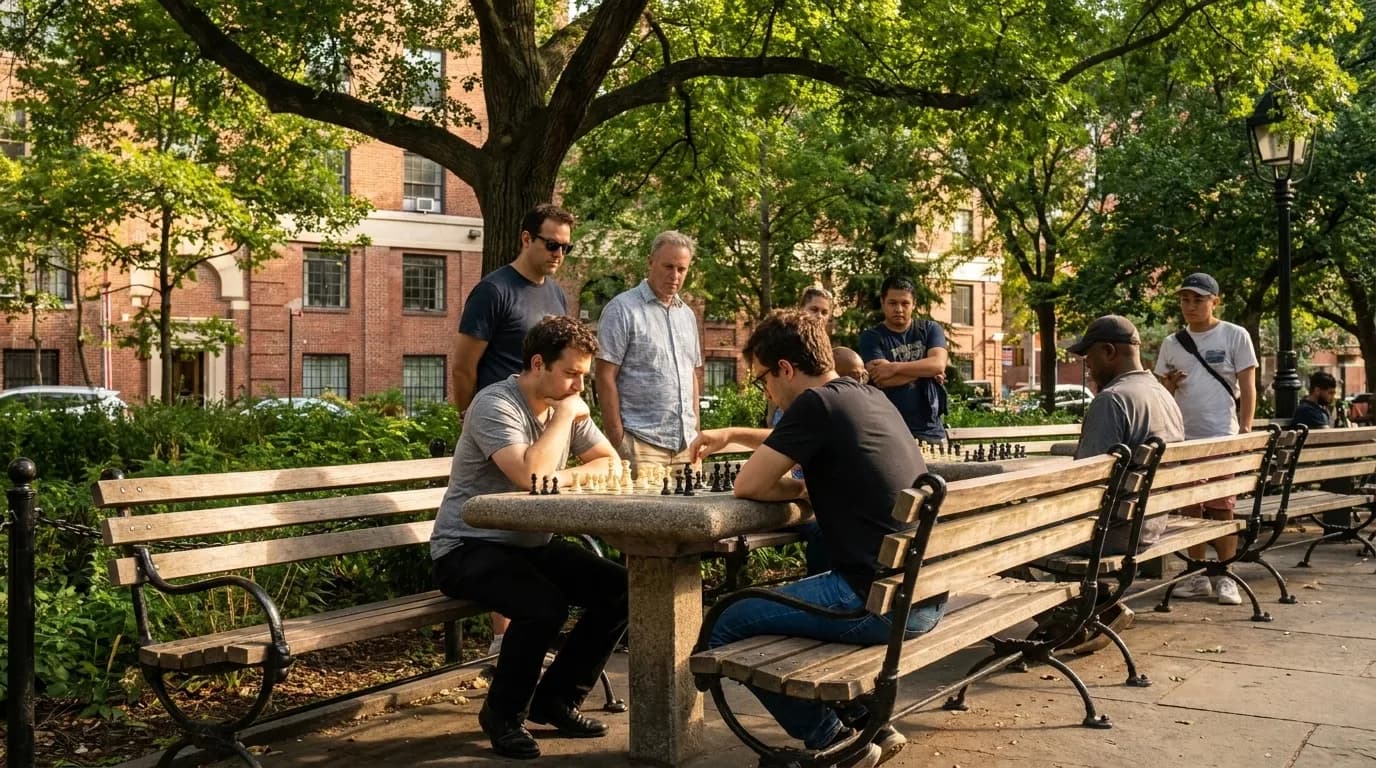 Chess players at outdoor tables in Washington Square Park with spectators watching