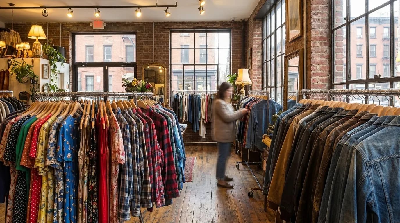 Interior of Brooklyn vintage clothing shop with racks of clothes and browsing customers