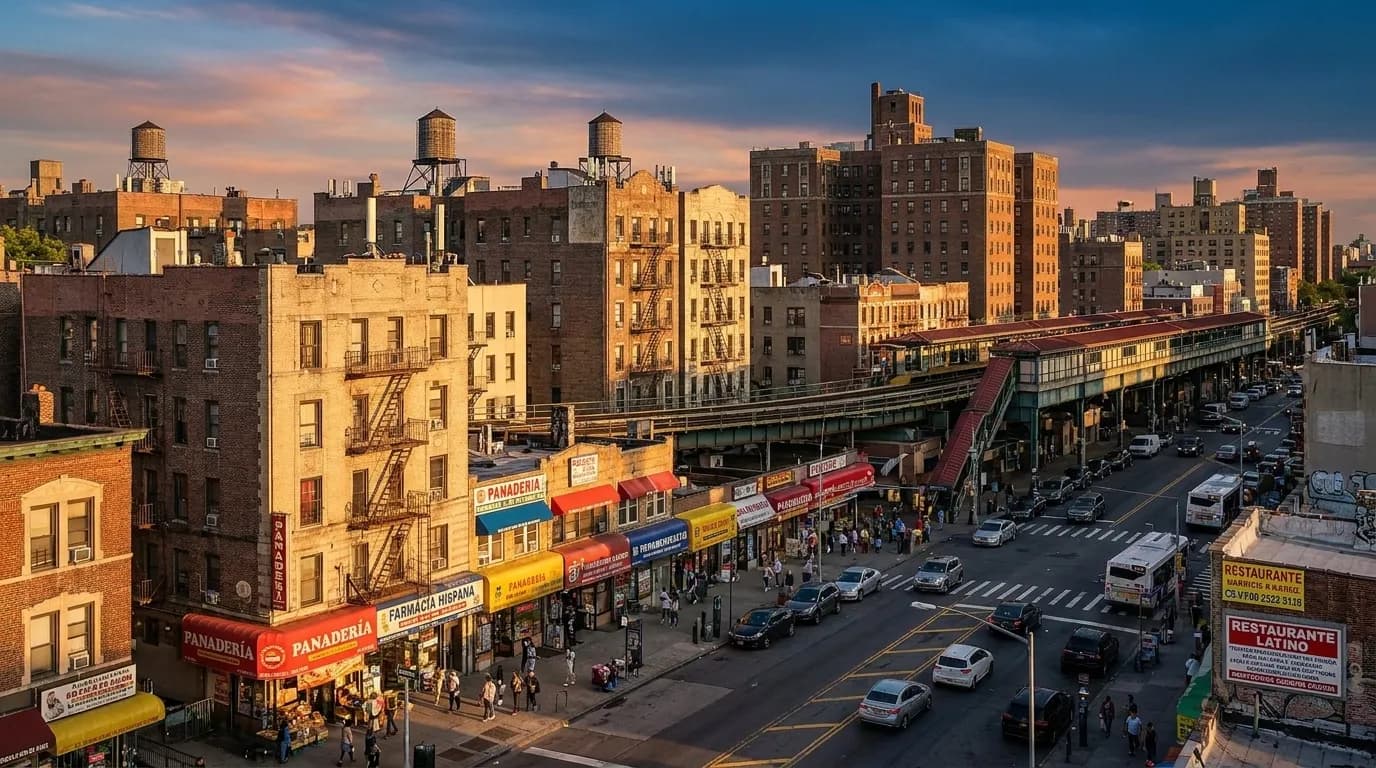 Roosevelt Avenue in Jackson Heights showing storefronts and pedestrian activity during early evening