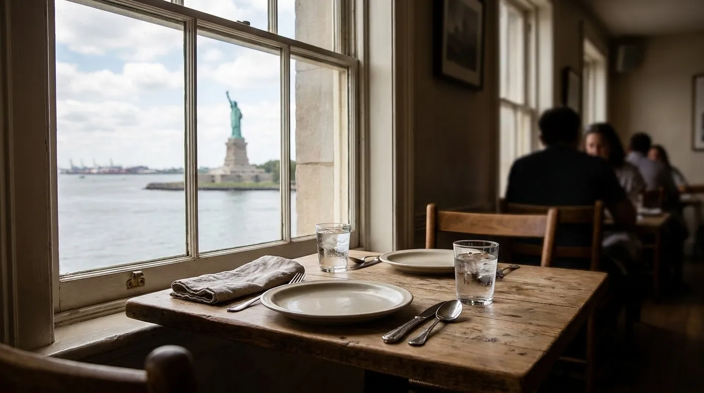 Simple restaurant table setting with natural window light in Queens dining room