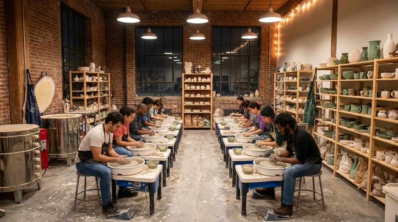 Interior of a Brooklyn pottery studio with multiple pottery wheels and works in progress on shelves